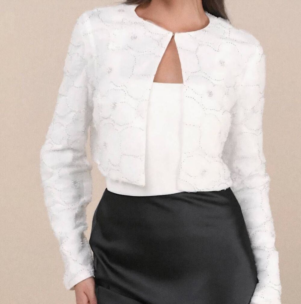 NWT Lulus Jacket Women's Medium White Applique Floral Beaded Bolero Bridal